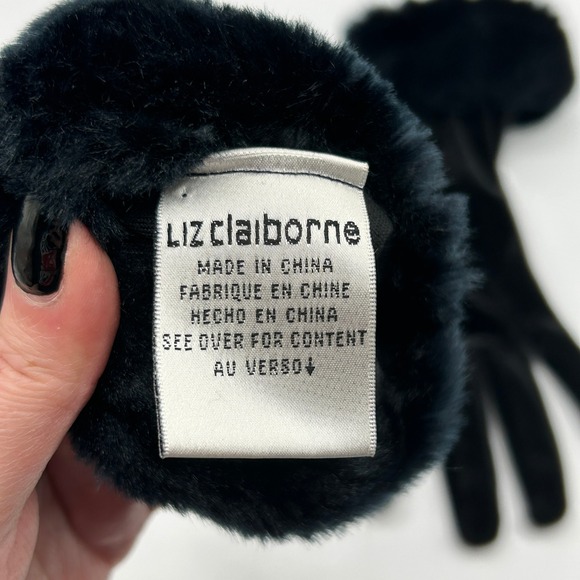 VTG Liz Claiborne Women Black Velvet Gloves Faux Fur Cuff Elegant Party Occasion - Picture 4 of 8